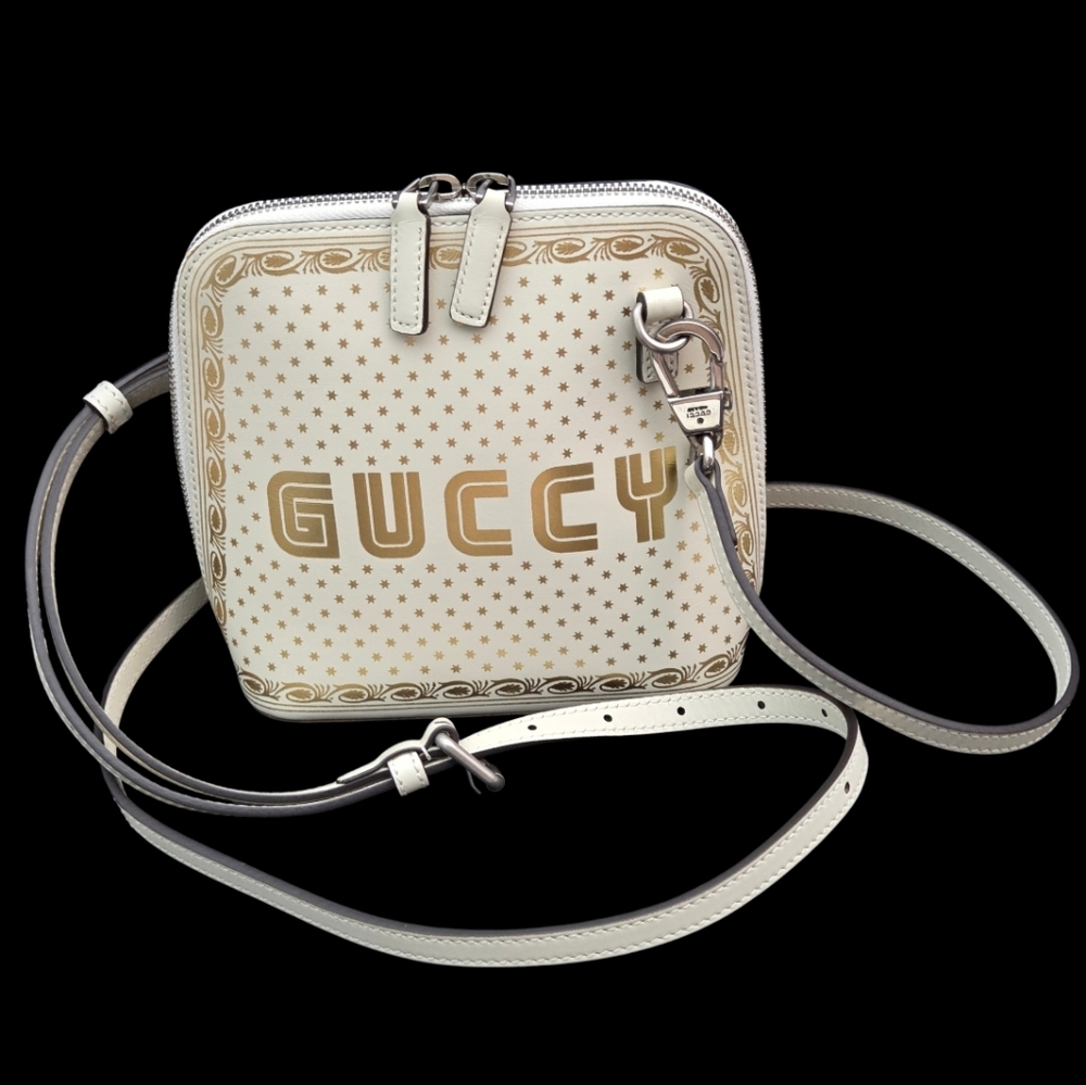 Authentic Limited Edition GUCCI x SEGA Leather White/Gold "GUCCY" Mini Crossbody